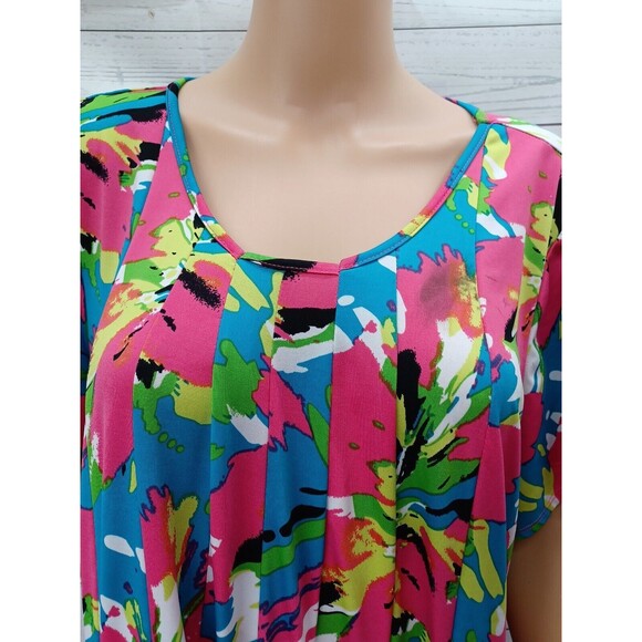 Kim Rogers Stretch Dress Pink Blue Watercolor Floral Pleated Short Sleeve 2X - Picture 2 of 11